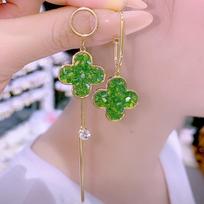 Asymmetric Green Four-Leaf Clover Earrings New Tide Long Section Tassel Fashion Hundred With Earrings Super Flash Female Earrings