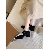 Spring Women Thick Heel Loafers  New Ballet Dance Shoes Fashion Retro Cross Straps Square Toe Soft Sole Walking Shoes 34