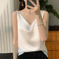 Silk Satin Two-shoulder Sling Women's Vest Spring and Summer Slim V-neck Short Temperament Inner Top T-shirt XXXL white