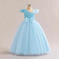 Girls' Sequined Mesh Tutu Dress with Small Flying Sleeves & Bow - Evening & Flower Girl Princess Dress 160cm dangaus mėlyna spalva