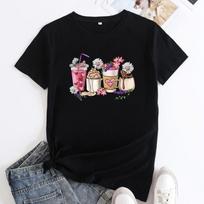 Summer Round Neck Milk Tea Pattern Printed Top Fashionable Casual Short Sleeved Women's Pure Cotton T-shirts S juoda