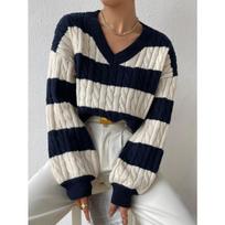 Women's New Autumn and Winter Lazy Loose Sex V-neck Twisted Knit Hit Striped Jumper Long-sleeved S tamsiai mėlyna spalva