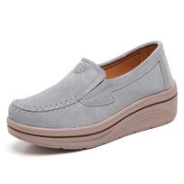 Spring Suede Cowhide Lazy Loafers Large Size Thick Soled Women's Casual Shoes with Sloping Heels Lazy Soft Sole Single Shoes 35 pilka spalva