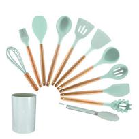 Kitchen Utensil Set 12 Piece Silicone Heat Resistant Cookware Set with Wooden Handle - A