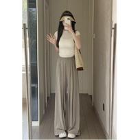 Summer New Lazy Drape Pleated Casual Design Straight Pants S chaki
