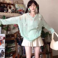 French Lazy Style Bow Knitted Top Spring and Summer Loose Mint Green V-neck Hollow Sunscreen Hoodie for Women S žalia