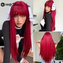 HAIRCUBE Vyno raudonumo ilgi tiesūs sintetiniai perukai su kirpčiukais juodaodėms moterims Cosplay Kalėdų perukai Karščiui atsparūs natūralūs plaukai WL1085-1