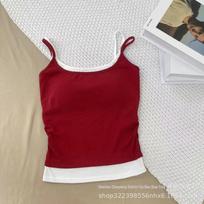 Hong Kong Retro Two-Piece Pleated Slimming Camisole – Versatile Contrast Color Short Vest One Size (130-170 lbs) plytų raudona spalva