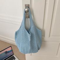 Korean Retro One-Shoulder Woven Beach Tote - Crochet Handbag šviesiai mėlyna spalva