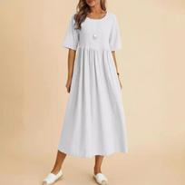 Women's Plus Size Loose Cotton and Linen Round Neck Pocket Five-point Sleeve Mid-length Dress XXL balta
