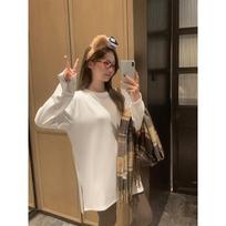 New Mid-length Mid-length Lazy and Relaxed Long-sleeved T-shirt Loose and Slit Layered Inner Bottoming Shirt Top S balta