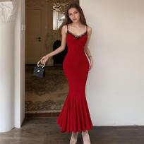 Women's Sexy Lace Bow Slim-fit One-step Fishtail Slip Dress L raudona