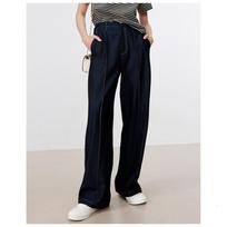 Women's Retro Hong Kong Style Dark Blue Wide-Leg Jeans Pants - Slim, Straight, Casual Drape Fit 28