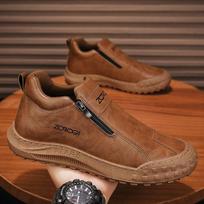 Tide shoes labor insurance shoes one pedal men's shoes autumn and winter outdoor casual shoes leather shoes side zipper sports work non-slip soft sole 39 chaki