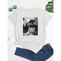 Cat & UFO Funny Print T-Shirt For erery Day Gifts, Crew Neck Short Sleeve T-Shirt, Casual Every Day Tops, Women's Clothing M smėlis