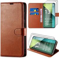 Coque pour Xiaomi Redmi Note 13 Pro 5G - Marron - Antichoc - Cuir PU - 2 Verres Trempés - Fonction Support