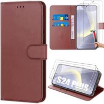 Coque Rabat - pour Samsung Galaxy S24 Plus - Cuir Synthétique Marron - 2 Verres Trempés - Semi-rigide