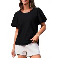 Women's Summer Solid Color Casual Round Neck Wrinkled Loose Short-Sleeved T-Shirt Top L juoda