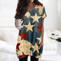 Womens Tops V-neck Short Sleeve Blouses Casual Mid-length Shirts Fashion Independence Day Print Tunic Tops With Pockets L mėlyna