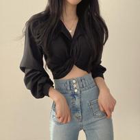 Hong Kong Retro V-Neck Slim Fit Long-Sleeve Top for Women – Summer & Autumn L juoda