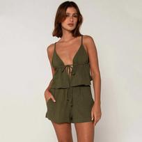 Holiday Solid Color Shorts Sets Women Summer Beach Style 2 Piece Sets Deep V-Neck Sleeveless Low-Waisted Shorts Female Suits M armijos žalia spalva