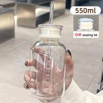 550-750 ml Didelės talpos stiklinis vandens butelis su laiko žymekliu Skaidrus sulčių pieno stiklinis puodelis su dangteliu ir šiaudeliu Gėrimo butelis 550ml-750ml