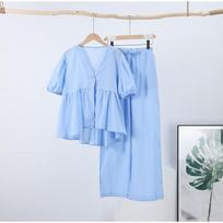 Solid Color Cotton Linen Loose Pants Set for Women Casual V Neck Puff Sleeve Patchwork Top Suits S mėlyna
