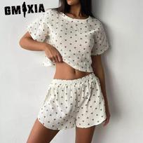 GMXIA Women's Thin Love Print Crepe Cotton Pajamas Short Sleeve Slit Shorts Two Piece Set S abrikosas