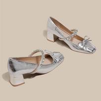 Summer new bow rhinestone ballet square head thick heel Mary Jane high heel single shoes women's summer with cheongsam skirt 35