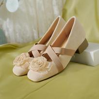 Camellia ballet gentle style with skirt thick heel single shoes women's 2025 new spring shallow mouth Mary Jane shoes 34 abrikosas