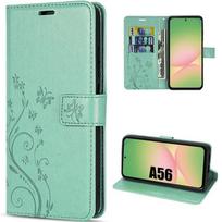 Case for Samsung Galaxy A56 5G - BOOLING - Shockproof Synthetic Leather Green Butterfly Flowers Pattern žalia
