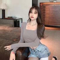 Women's Solid Color Long-Sleeve U-Neck Top for Autumn/Winter - Versatile Indoor/Outdoor Casual Wear Medium pilka spalva