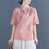 Women's Summer 2024 Cotton Linen Short-Sleeve Shirt with Retro Frog Button and Embroidery - Loose Fit, Chinese Style 3XL (145-160 jin) rožinė