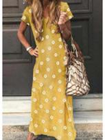 2025 Summer Daisy Print V-Neck Short Sleeve Casual Long Beach Dress, Sizes S-5XL XL geltona