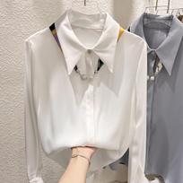 Korean Style Slim Fit Chiffon Shirt with Gift Scarf - Women's Spring Long Sleeve Top L