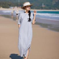 2024 Women's Linen Embroidered Ruffle Mid-Sleeve Long Dress - Literary Style Small šviesiai mėlyna spalva