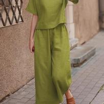 Plus Size Casual Solid Color Short Sleeve Sportswear Set Large