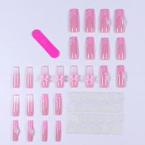 24Pcs Long Coffin Press On Nails, Pink French Tips with 3D Bow & Flower, Full Cover Fake Nails for Dating & Dinner United States pink