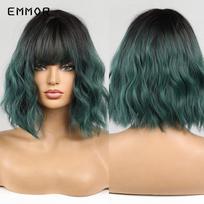 Cosplay Lolita HairType Perukai trumpi banguoti Ombre Balck iki Green Bob plaukų tipo perukas su kirpčiukais moterims, minkštas karščiui atsparus gray
