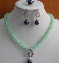 wholesal Jewelry Set Choices Zirconia Women Wedding 7-8mm White Cultured Pearl & Blue gem Necklace Earring Ring sET