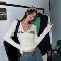 Women Y2K T-shrits Long Sleeve Sexy Tops Button Square Collars Girls T-shirts Casual Tees For Female XL