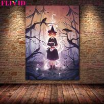 The Witch and Her Cat Wall Art Oil Painting  Pumpkin Witch on a Rainy Night  Living Room Decoration 21cm×30cm NoFrame