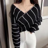 Autumn  Cross Tops Vintage Stripe V-Neck Lantern Long Sleeve Sweater Korean Chic Office Lady Pullover Soft Warm Clothes 29033 S juoda