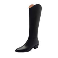 Krazing Pot Cow Leather Winter Square Toe Thick Med Heels Riding Boots Women Slip on Retro Thigh High Boots 34 juoda