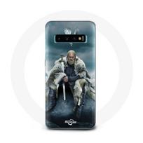 Dėklas Samsung Galaxy S10 Plus Vikingsų Serialui 6 Sezonas Ragnar Lothbrok V Logotipas Kardas Pilkas Fonas Neryškus