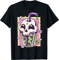 Kawaii Pastel Goth Creepy Skull Boba Bubble Tea Vaporwave T-Shirt Women Unisex Harajuku Aesthetic Tops Unisex Oversized 4XL blue