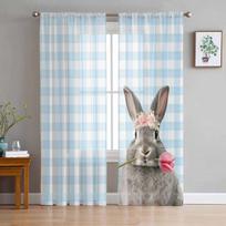Easter Bunny Plaid Tulips Sheer Curtains For Living Room Kitchen Window Curtains Bedroom Tulle Voile Curtains 135W x 114H(cm) white