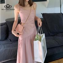 Irregular Sling Design Simple Dress Korean Style Summer New Slim-fit Irregular Solid Color Waist-exposed Dress S rožinė