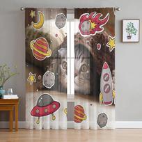 Cat Universe Planet Tulle Curtains for Living Room Bedroom Sheer Curtain for Balcony Hall Fashion Printed Home Drapes 135W x 114H(cm)