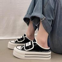 Spring New Thick Bottom Velcro Slip-on Lazy Semi Slipper Canvas Shoes Women's Summer Versatile White Shoes 35 juoda